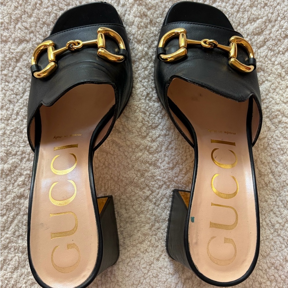Gucci Black Leather Horsebit Block Heel Mules - Size 37 - Picture 4 of 10